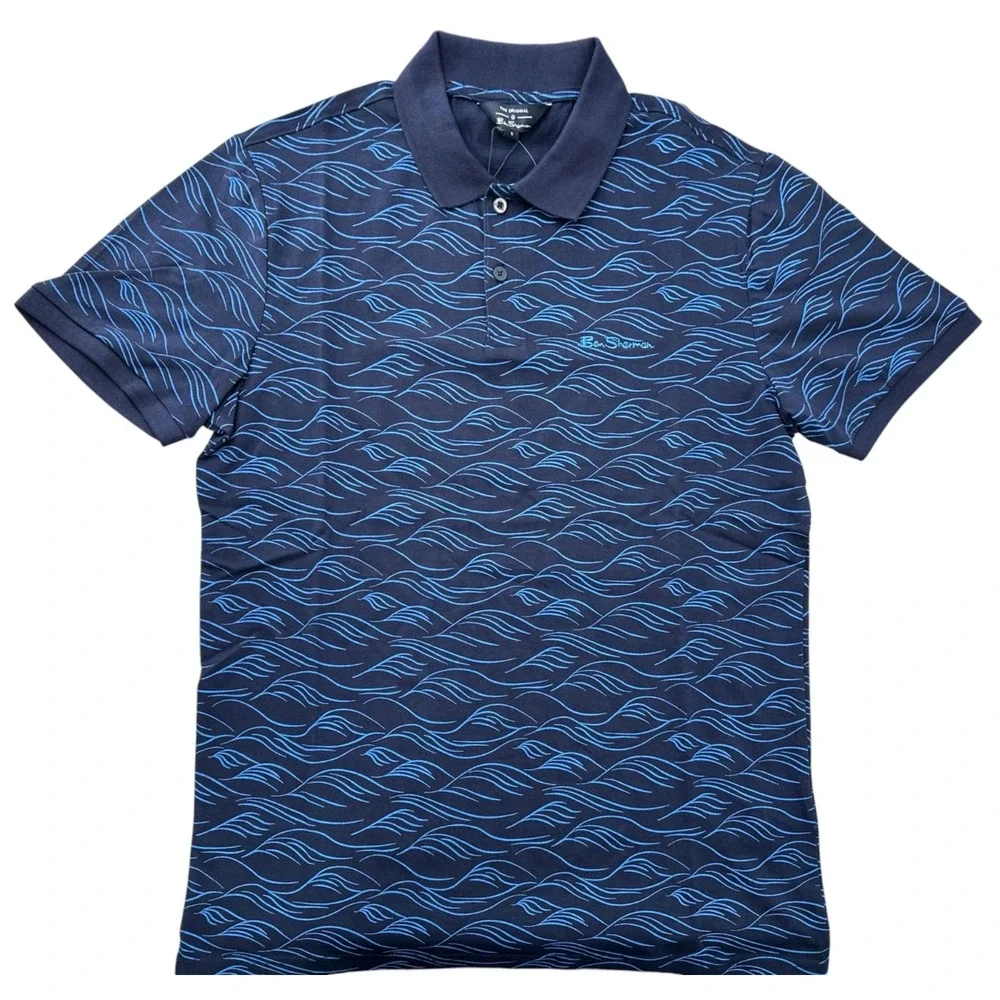 Ben Sherman Polo Shirt Short Sleeve Marine Blue Wave Men's Small Regular Fit NWT